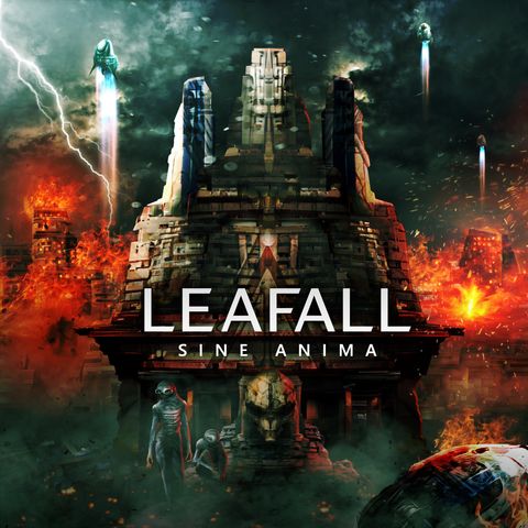 A large temple stands tall in the middle, with an alien head adorning the entrance. In the background there are fires and escape pods fleeing the planet. In the foreground, two aliens can be seen seemingly remorseful.